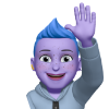 Ein lilaner Avatar mit blauen Haaren, der lächelt und sich meldet mit einer Hand