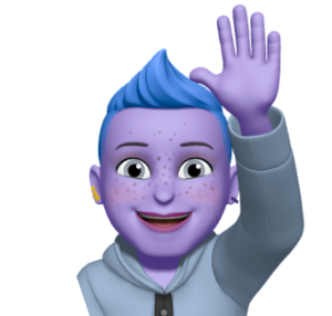 Ein lilaner Avatar mit blauen Haaren, der lächelt und sich meldet mit einer Hand