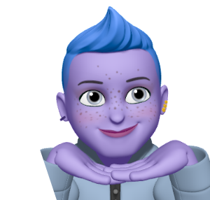 Ein lilaner Avatar mit blauen Haaren, der lächelt und beide Hände unterm Kinn positioniert