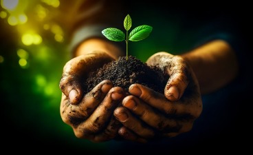 Nachhaltigkeit Ein durch künstliche Intelligenz erstelltes Bild von zwei Händen, die Erde in der Hand halten, aus der eine kleine Pflanze sprießt