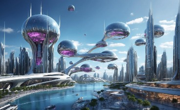 Eine futuristische Stadt mit schwebenden Kuppelbauten, hochmodernen Wolkenkratzern und fließenden Wasserwegen – eine visionäre Verbindung von Technologie, Architektur und Natur.